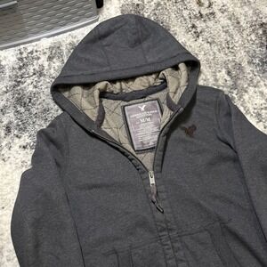American Eagle Mens Full Zip Hoodie Charcoal Gray Quilt Lined Hood Sweatshirt M